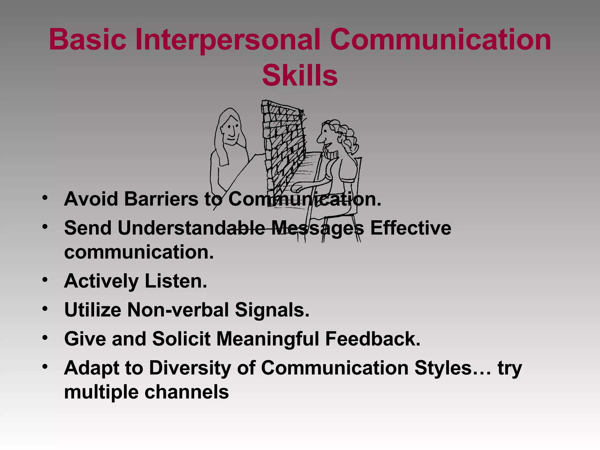 Basic Interpersonal Communication Skills Avoid Barriers to Communication. Send Understandable Messages Effective communication. Actively Listen. Utilize Non-verbal Signals. Give and Solicit Meaningful Feedback. Adapt to Diversity of Communication Styles… try multiple channels 
