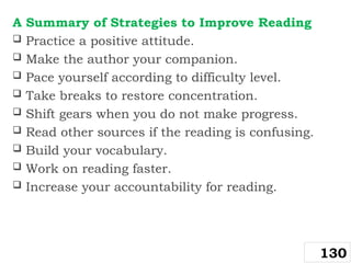 A Summary of Strategies to Improve Reading
 Practice a positive attitude.
 Make the author your companion.
 Pace yourself according to difficulty level.
 Take breaks to restore concentration.
 Shift gears when you do not make progress.
 Read other sources if the reading is confusing.
 Build your vocabulary.
 Work on reading faster.
 Increase your accountability for reading.
130
 
