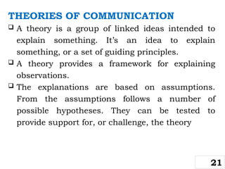 THEORIES OF COMMUNICATION
 A theory is a group of linked ideas intended to
explain something. It’s an idea to explain
something, or a set of guiding principles.
 A theory provides a framework for explaining
observations.
 The explanations are based on assumptions.
From the assumptions follows a number of
possible hypotheses. They can be tested to
provide support for, or challenge, the theory
21
 