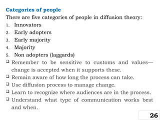 Categories of people
There are five categories of people in diffusion theory:
1. Innovators
2. Early adopters
3. Early majority
4. Majority
5. Non adopters (laggards)
 Remember to be sensitive to customs and values—
change is accepted when it supports these.
 Remain aware of how long the process can take.
 Use diffusion process to manage change.
 Learn to recognize where audiences are in the process.
 Understand what type of communication works best
and when.
26
 
