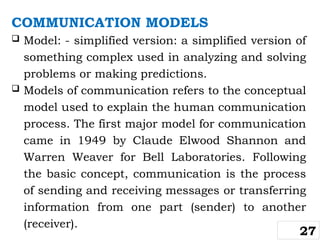 COMMUNICATION MODELS
 Model: - simplified version: a simplified version of
something complex used in analyzing and solving
problems or making predictions.
 Models of communication refers to the conceptual
model used to explain the human communication
process. The first major model for communication
came in 1949 by Claude Elwood Shannon and
Warren Weaver for Bell Laboratories. Following
the basic concept, communication is the process
of sending and receiving messages or transferring
information from one part (sender) to another
(receiver).
27
 