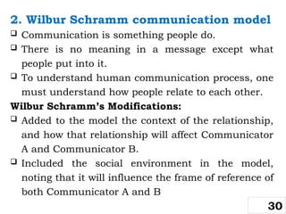 2. Wilbur Schramm communication model
 Communication is something people do.
 There is no meaning in a message except what
people put into it.
 To understand human communication process, one
must understand how people relate to each other.
Wilbur Schramm’s Modifications:
 Added to the model the context of the relationship,
and how that relationship will affect Communicator
A and Communicator B.
 Included the social environment in the model,
noting that it will influence the frame of reference of
both Communicator A and B
30
 