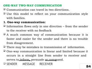 ONE-WAY TWO-WAY COMMUNICATION
 Communication can travel in two directions.
 Use this model to reflect on your communication style
with families.
1. One-way communication:
 Information flows only in one direction – from the sender
to the receiver with no feedback
 A much common way of communication because it is
faster and easier for the sender and there is no trouble
from disagreement.
 There may be mistakes in transmission of information.
 One-way communication is linear and limited because it
occurs in a straight line from sender to receiver and
serves to inform, persuade or command.
 SENDER MESSAGE RECEIVER
84
 