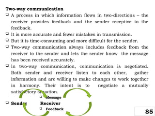 Two-way communication
 A process in which information flows in two-directions – the
receiver provides feedback and the sender receptive to the
feedback.
 It is more accurate and fewer mistakes in transmission.
 But it is time-consuming and more difficult for the sender.
 Two-way communication always includes feedback from the
receiver to the sender and lets the sender know the message
has been received accurately.
 In two-way communication, communication is negotiated.
Both sender and receiver listen to each other, gather
information and are willing to make changes to work together
in harmony. Their intent is to negotiate a mutually
satisfactory situation.
 Message
 Sender Receiver
 Feedback
85
 