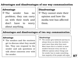 Advantages and disadvantages of one way communication
87
Advantage
 The sender has no
problem; they can carry
on with their work and
don’t have to worry
about anything.
Disadvantage
 They cannot state their
opinion and how the
media text has affected
them.
Advantages and disadvantages of two way communication
Advantage
 The senders and the receivers
get to discuss what they would
like. They can respond to the
sender and ask questions or
talk about concerns over with
the sender.
Disadvantage
 The sender gets bothered and has to
always focus on what the receivers
want more than what they want.
Most times this is a bother to most
senders because every one has a
different opinion about things and
the sender has to make something
that majority of the people will enjoy.
 