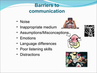 Barriers to communication Noise Inappropriate medium Assumptions/Misconceptions Emotions Language differences Poor listening skills Distractions 