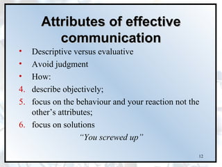 Attributes of effective
         communication
•  Descriptive versus evaluative
•  Avoid judgment
•  How:
4. describe objectively;
5. focus on the behaviour and your reaction not the
   other’s attributes;
6. focus on solutions
                  “You screwed up”

                                                  12
 