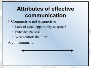 Attributes of effective
        communication
• Conjunctive not disjunctive
  • Lack of equal opportunity to speak?
  • Extended pauses?
  • Who controls the flow?
A continuum…




                                          15
 
