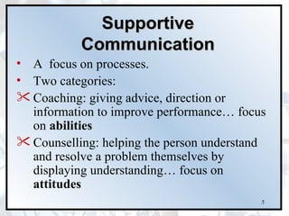 Supportive
           Communication
• A focus on processes.
• Two categories:
 Coaching: giving advice, direction or
  information to improve performance… focus
  on abilities
 Counselling: helping the person understand
  and resolve a problem themselves by
  displaying understanding… focus on
  attitudes
                                           5
 