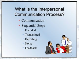 What Is the Interpersonal
Communication Process?
  • Communication
  • Sequential Steps
    •   Encoded
    •   Transmitted
    •   Decoding
    •   Noise
    •   Feedback

                            6
 