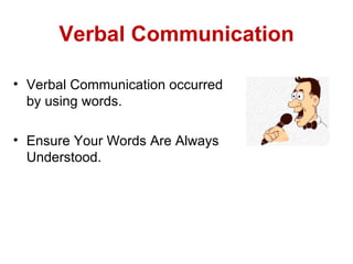 Verbal Communication

• Verbal Communication occurred
  by using words.

• Ensure Your Words Are Always
  Understood.
 