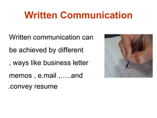 Written Communication

Written communication can
be achieved by different
, ways like business letter
memos , e.mail ,…..and
.convey resume
 