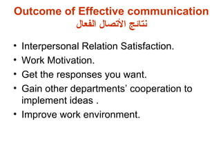 Outcome of Effective communication
          ‫نتائج التصال الفعال‬
• Interpersonal Relation Satisfaction.
• Work Motivation.
• Get the responses you want.
• Gain other departments’ cooperation to
  implement ideas .
• Improve work environment.
 