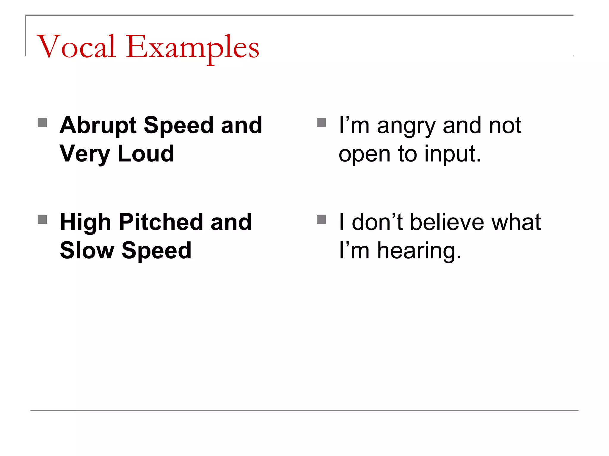Vocal Examples

   Abrupt Speed and      I’m angry and not
    Very Loud              open to input.

   High Pitched and      I don’t believe what
    Slow Speed             I’m hearing.
 