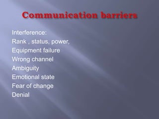 Interference:
Rank , status, power,
Equipment failure
Wrong channel
Ambiguity
Emotional state
Fear of change
Denial
 