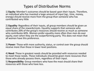 Types of Distributive Norms
1) Equity: Member’s outcomes should be based upon their inputs. Therefore,
an individual who has invested a large amount of input (eg:, time, money,
energy) should receive more from the group than someone who has
contributed very little

2) Equality: Regardless of their inputs, all group members should be given an
equal share of the rewards/costs. Equality supports that someone who
contributes 20% of the group’s resources should receive as much as someone
who contributes 60%. Women prefer equality more often than men do over
equity, even when they are the outperforming party. This does not mean that
all women have this preference.

3) Power: Those with more authority, status, or control over the group should
receive more than those in lower level positions.

4) Need: Those in greatest needs should be provided with resources needed
to meet those needs. These individuals should be given more resources than
those who already possess them, regardless of their input.
5) Responsibility: Group members who have the most should share their
resources with those who have less.
 