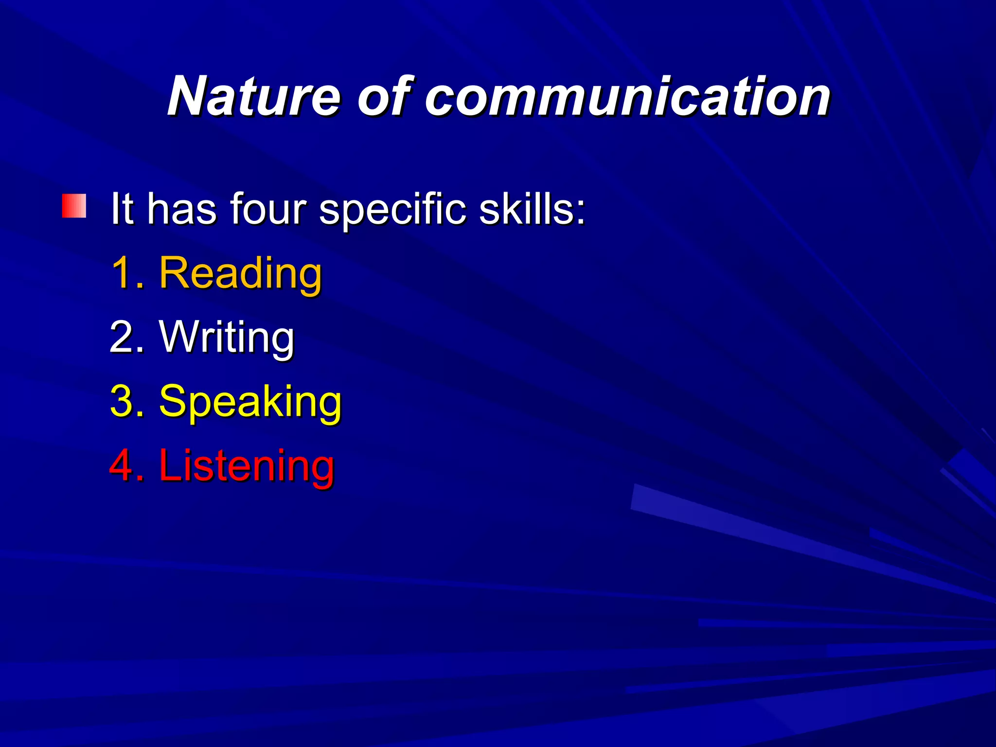 Nature of communicationNature of communication
It has four specific skills:It has four specific skills:
1. Reading1. Reading
2. Writing2. Writing
3. Speaking3. Speaking
4. Listening4. Listening
 
