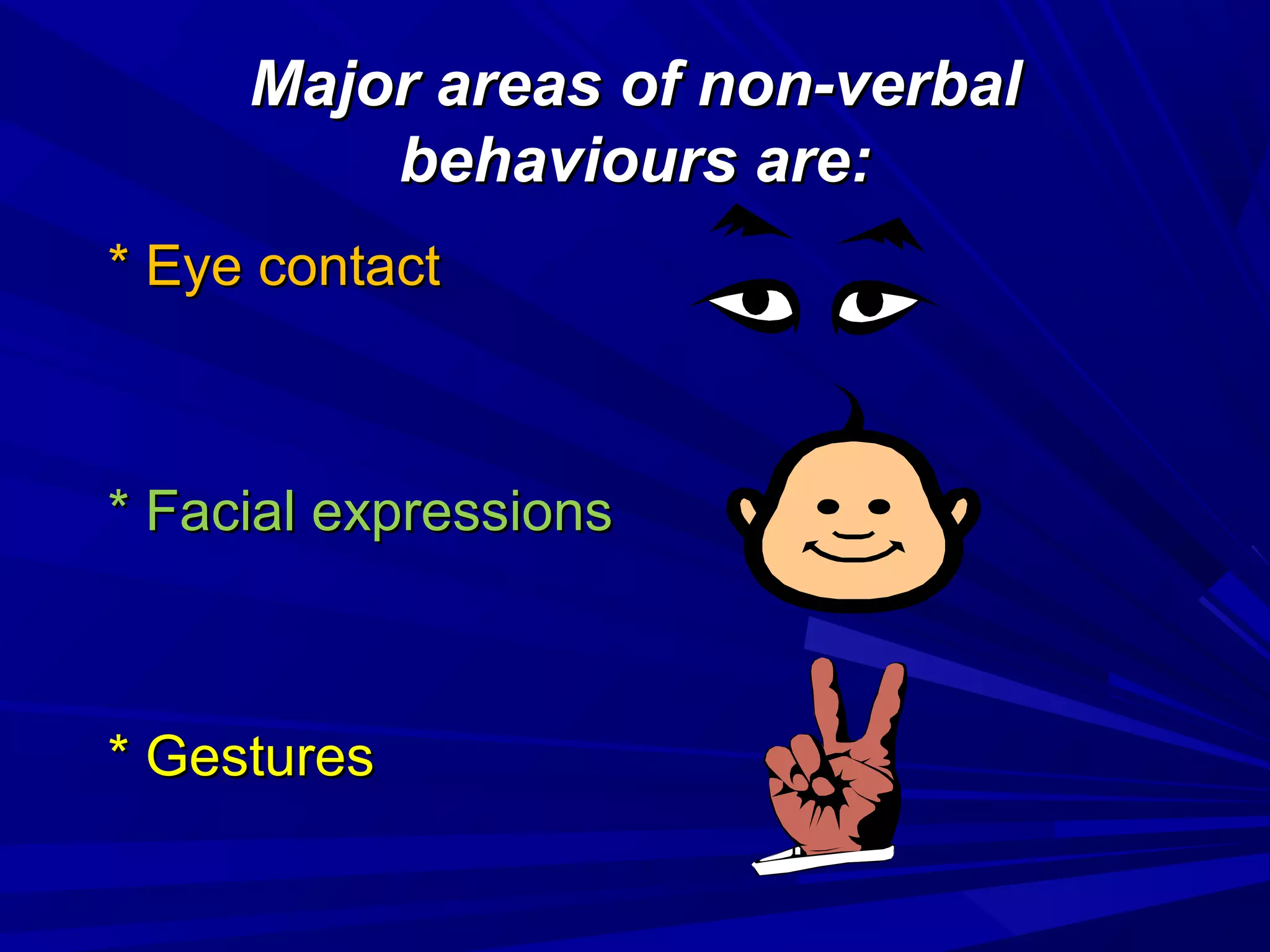 Major areas of non-verbalMajor areas of non-verbal
behaviours are:behaviours are:
* Eye contact* Eye contact
* Facial expressions* Facial expressions
* Gestures* Gestures
 