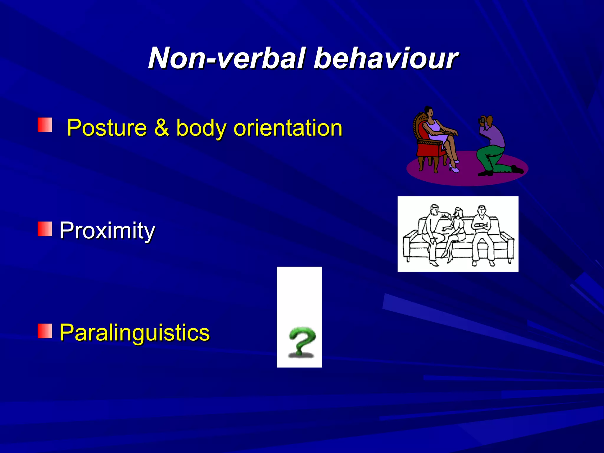 Non-verbal behaviourNon-verbal behaviour
Posture & body orientationPosture & body orientation
ProximityProximity
ParalinguisticsParalinguistics
 