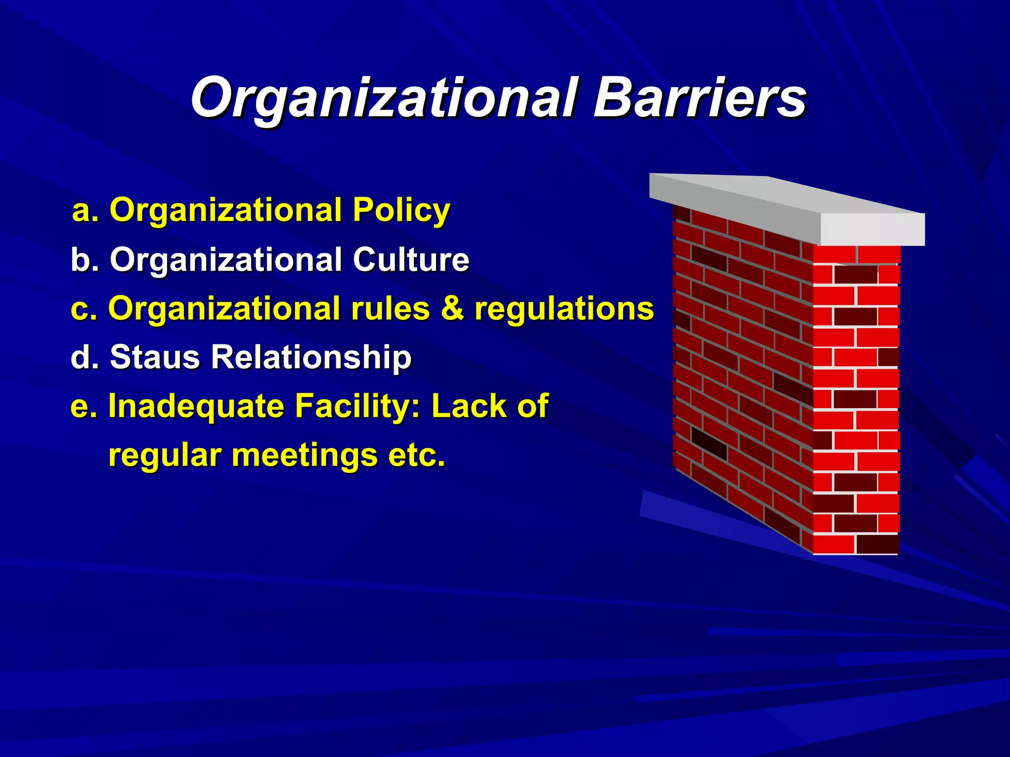 Organizational BarriersOrganizational Barriers
a. Organizational Policya. Organizational Policy
b. Organizational Cultureb. Organizational Culture
c. Organizational rules & regulationsc. Organizational rules & regulations
d. Staus Relationshipd. Staus Relationship
e. Inadequate Facility: Lack ofe. Inadequate Facility: Lack of
regular meetings etc.regular meetings etc.
 