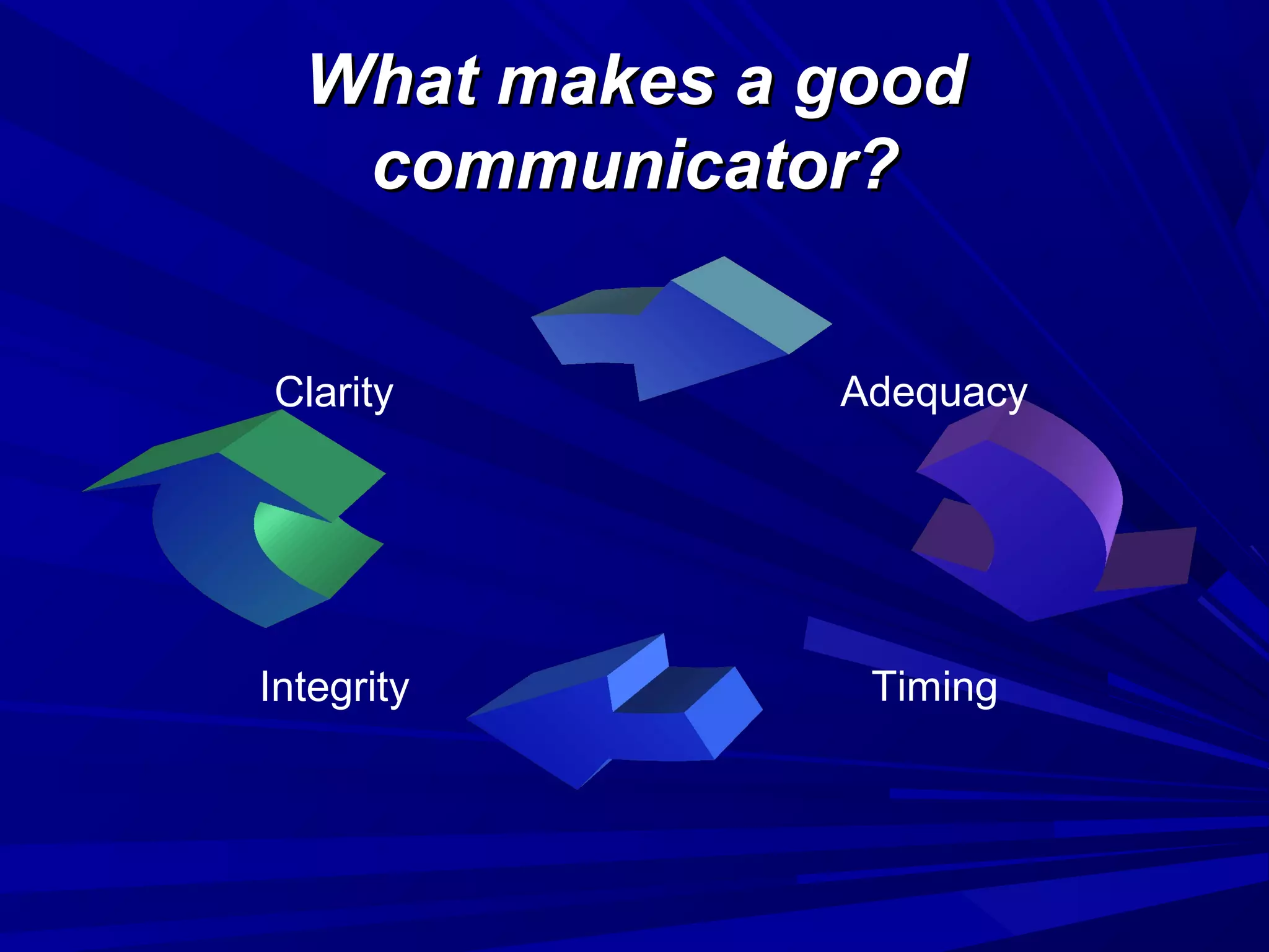What makes a goodWhat makes a good
communicator?communicator?
Clarity
Integrity Timing
Adequacy
 