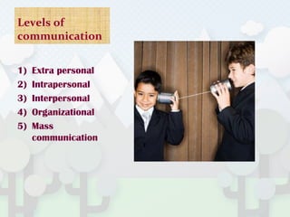 Levels of
communication
1) Extra personal
2) Intrapersonal
3) Interpersonal
4) Organizational
5) Mass
communication
 