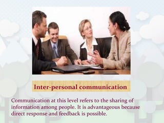 Inter-personal communication
Communication at this level refers to the sharing of
information among people. It is advantageous because
direct response and feedback is possible.
 