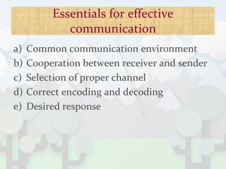 Essentials for effective
communication
a) Common communication environment
b) Cooperation between receiver and sender
c) Selection of proper channel
d) Correct encoding and decoding
e) Desired response
 
