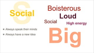 S

Social
๏ Always speak their minds
๏ Always have a new idea

Boisterous
Loud

Social

High energy

Big

 