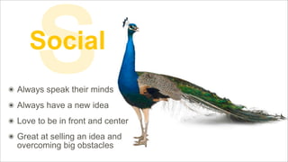 S

Social
๏ Always speak their minds
๏ Always have a new idea
๏ Love to be in front and center
๏ Great at selling an idea and
overcoming big obstacles

 