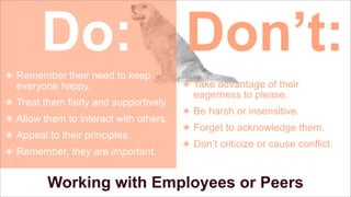Do: Don’t:
๏ Remember their need to keep
everyone happy.
๏ Treat them fairly and supportively.
๏ Allow them to interact with others.
๏ Appeal to their principles.
๏ Remember, they are important.

๏ Take advantage of their
eagerness to please.
๏ Be harsh or insensitive.
๏ Forget to acknowledge them.
๏ Don’t criticize or cause conflict.

Working with Employees or Peers

 