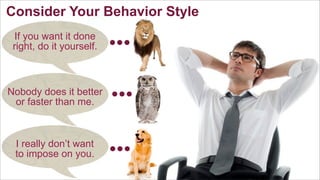 Consider Your Behavior Style
If you want it done
right, do it yourself.

Nobody does it better
or faster than me.

I really don’t want
to impose on you.

 