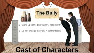 The Bully
๏ Stand up to the bully calmly, not defiantly.
๏ Do not engage the bully in confrontation.

Cast of Characters

 