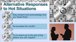 Alternative Responses
to Hot Situations
Stay present and acknowledge that
you heard them.

De-escalate the conflict.

Try to warm-up to the part of the
person you can respect.

 