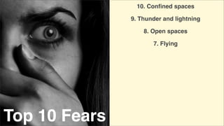 10. Conﬁned spaces
9. Thunder and lightning
8. Open spaces
7. Flying

Top 10 Fears

 