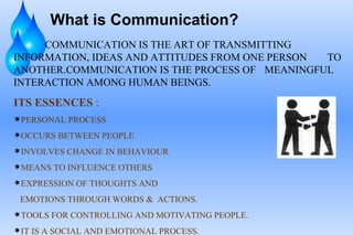 What is Communication? COMMUNICATION IS THE ART OF TRANSMITTING  INFORMATION, IDEAS AND ATTITUDES FROM ONE PERSON  TO ANOTHER.COMMUNICATION IS THE PROCESS OF  MEANINGFUL INTERACTION AMONG HUMAN BEINGS. ITS ESSENCES  : PERSONAL PROCESS  OCCURS BETWEEN PEOPLE  INVOLVES CHANGE IN BEHAVIOUR MEANS TO INFLUENCE OTHERS EXPRESSION OF THOUGHTS AND EMOTIONS THROUGH WORDS &  ACTIONS. TOOLS FOR CONTROLLING AND MOTIVATING PEOPLE. IT IS A SOCIAL AND EMOTIONAL PROCESS. 