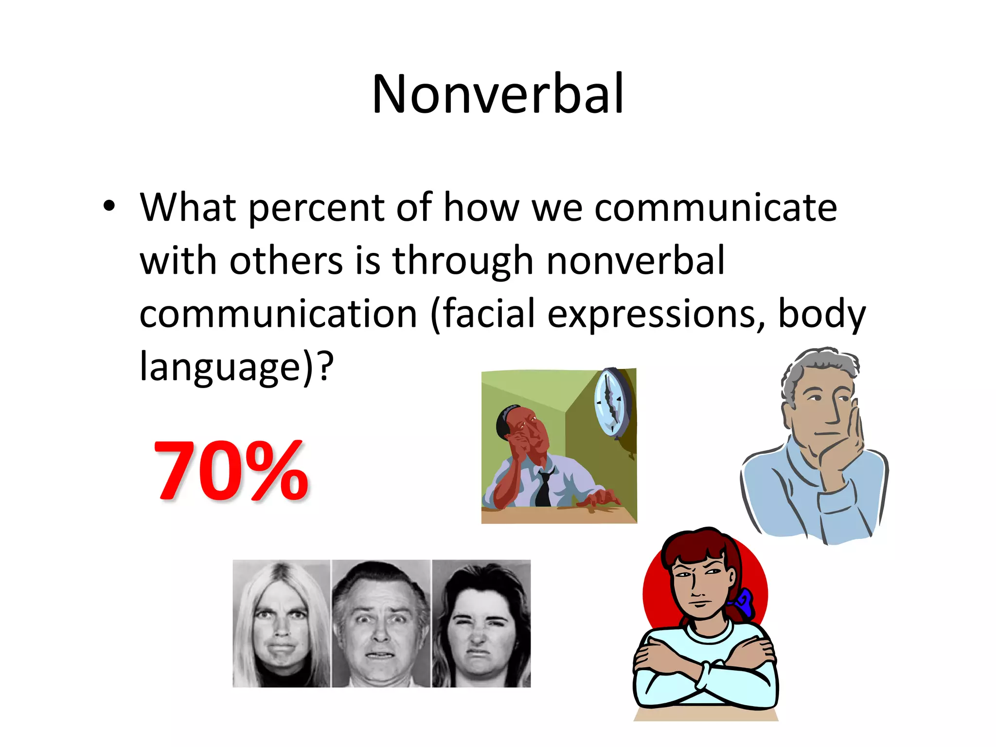 Nonverbal
• What percent of how we communicate
  with others is through nonverbal
  communication (facial expressions, body
  language)?

  70%
 