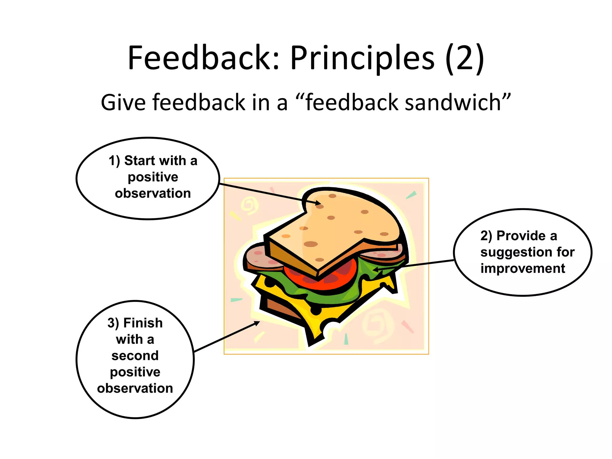 Feedback: Principles (2)
Give feedback in a “feedback sandwich”

 1) Start with a
    positive
  observation


                                   2) Provide a
                                   suggestion for
                                   improvement



 3) Finish
   with a
  second
  positive
observation
 