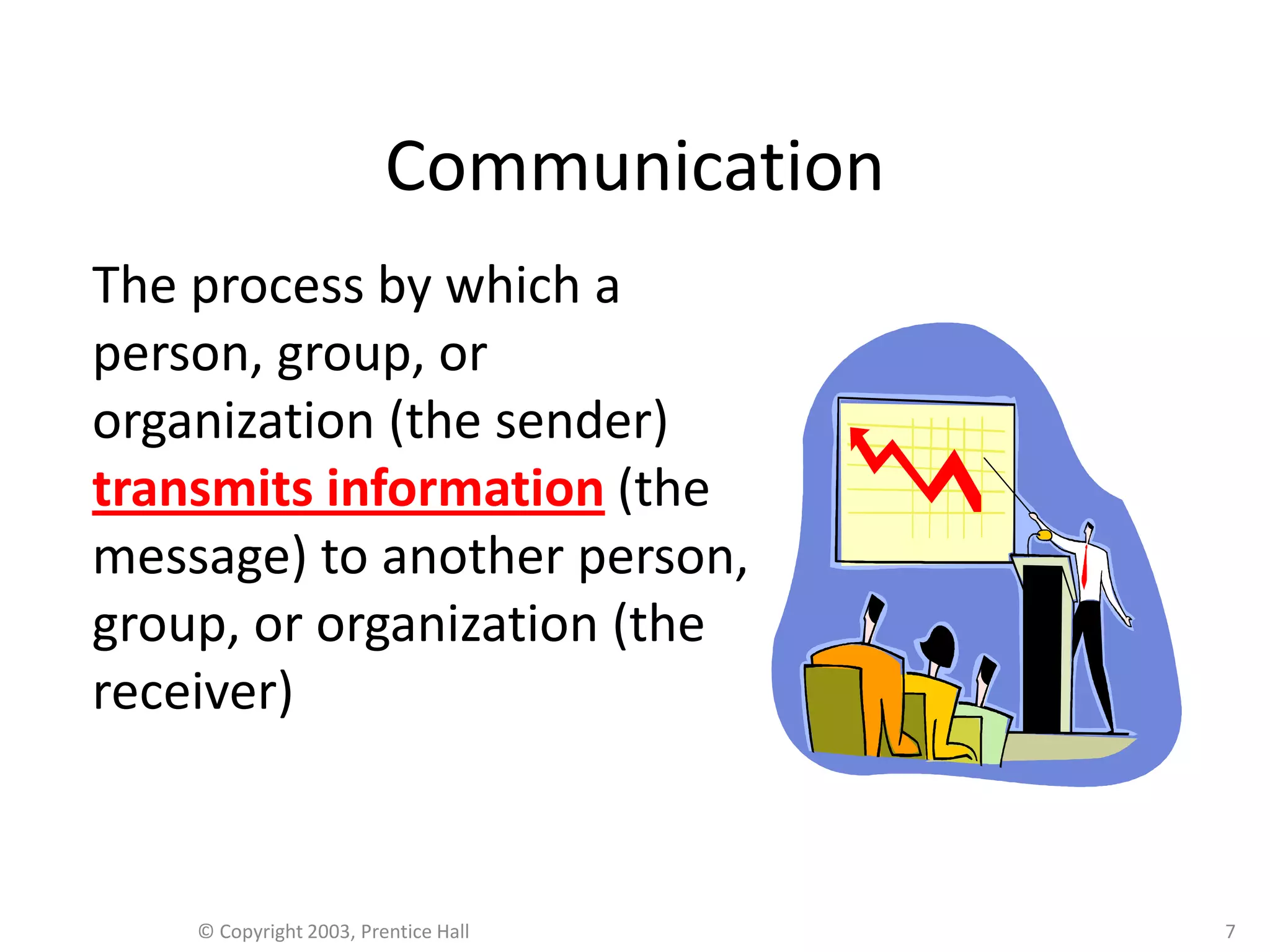 Communication
The process by which a
person, group, or
organization (the sender)
transmits information (the
message) to another person,
group, or organization (the
receiver)



    © Copyright 2003, Prentice Hall      7
 