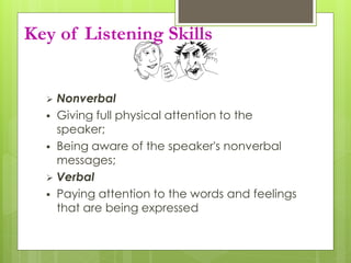 Key of Listening Skills 
 Nonverbal 
 Giving full physical attention to the 
speaker; 
 Being aware of the speaker's nonverbal 
messages; 
 Verbal 
 Paying attention to the words and feelings 
that are being expressed 
 