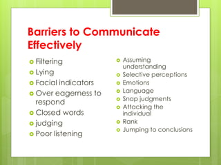 Barriers to Communicate 
Effectively 
 Filtering 
 Lying 
 Facial indicators 
 Over eagerness to 
respond 
 Closed words 
 judging 
 Poor listening 
 Assuming 
understanding 
 Selective perceptions 
 Emotions 
 Language 
 Snap judgments 
 Attacking the 
individual 
 Rank 
 Jumping to conclusions 
 
