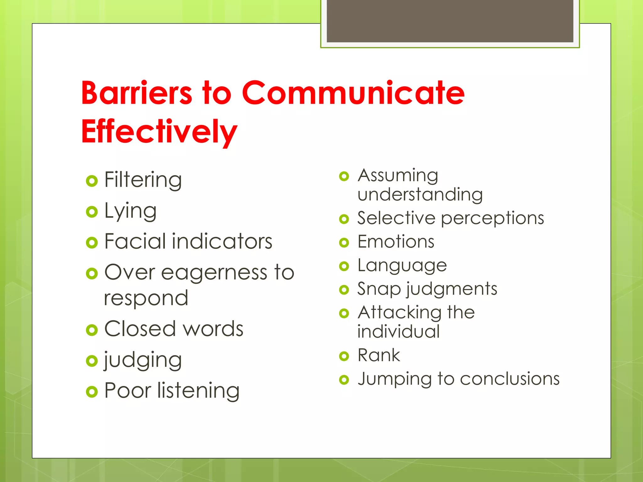 Barriers to Communicate
Effectively
 Filtering
 Lying
 Facial indicators
 Over eagerness to
respond
 Closed words
 judging
 Poor listening
 Assuming
understanding
 Selective perceptions
 Emotions
 Language
 Snap judgments
 Attacking the
individual
 Rank
 Jumping to conclusions
 