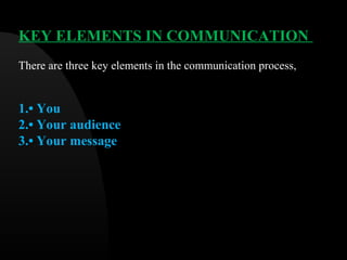 KEY ELEMENTS IN COMMUNICATION
There are three key elements in the communication process,
1.• You
2.• Your audience
3.• Your message
 