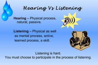 Hearing Vs Listening
Hearing – Physical process,
natural, passive.
Listening – Physical as well
as mental process, active,
learned process, a skill.
Listening is hard.
You must choose to participate in the process of listening.
 