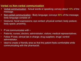 Verbal vs Non-verbal communicationVerbal vs Non-verbal communication
 Verbal communicationVerbal communication : Actual words or speaking; convey about: Actual words or speaking; convey about 10%10% of theof the
message.message.
 Non-verbal communicationNon-verbal communication : Body language; conveys: Body language; conveys 90%90% of the message;of the message;
body language consists of –body language consists of –
• Gestures; facial expressions; eye contact; physical contact; body posture;Gestures; facial expressions; eye contact; physical contact; body posture;
body space; proximity.body space; proximity.
 P’cist communicates with –P’cist communicates with –
• Patients; nurses; doctors; administrator; visitors; medical representatives.Patients; nurses; doctors; administrator; visitors; medical representatives.
• Fellow P’cists; clinical lab in-charge; drug suppliers; drugs’ controlFellow P’cists; clinical lab in-charge; drug suppliers; drugs’ control
administrator.administrator.
• Ideal to create a friendly area so that the patient feels comfortable whileIdeal to create a friendly area so that the patient feels comfortable while
communicating with the pharmacist.communicating with the pharmacist.
 