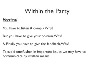 Within the Party
Vertical
You have to listen & comply,Why?
But you have to give your opinion,Why?
& Finally you have to give the feedback,Why?
To avoid confusion in important issues we may have to
communicate by written means.
 