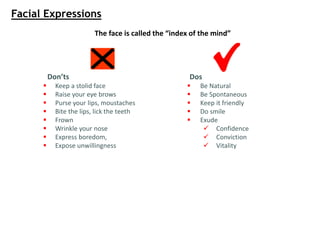 The face is called the “index of the mind”
Don’ts
 Keep a stolid face
 Raise your eye brows
 Purse your lips, moustaches
 Bite the lips, lick the teeth
 Frown
 Wrinkle your nose
 Express boredom,
 Expose unwillingness
Dos
 Be Natural
 Be Spontaneous
 Keep it friendly
 Do smile
 Exude
 Confidence
 Conviction
 Vitality
Facial Expressions
 