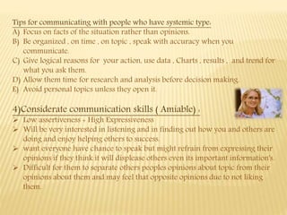 Tips for communicating with people who have systemic type:
A) Focus on facts of the situation rather than opinions.
B) Be organized , on time , on topic , speak with accuracy when you
communicate.
C) Give logical reasons for your action, use data , Charts , results , and trend for
what you ask them.
D) Allow them time for research and analysis before decision making.
E) Avoid personal topics unless they open it.
4)Considerate communication skills ( Amiable) :
 Low assertiveness + High Expressiveness
 Will be very interested in listening and in finding out how you and others are
doing and enjoy helping others to success.
 want everyone have chance to speak but might refrain from expressing their
opinions if they think it will displease others even its important information's.
 Difficult for them to separate others peoples opinions about topic from their
opinions about them and may feel that opposite opinions due to not liking
them.
 