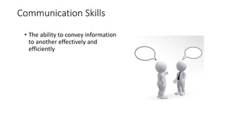 Communication Skills
• The ability to convey information
to another effectively and
efficiently
 