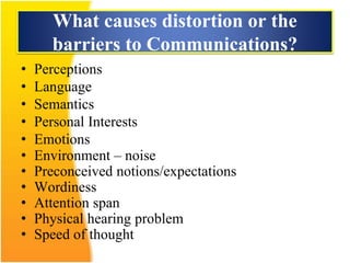 What causes distortion or the
barriers to Communications?
• Perceptions
• Language
• Semantics
• Personal Interests
• Emotions
• Environment – noise
• Preconceived notions/expectations
• Wordiness
• Attention span
• Physical hearing problem
• Speed of thought
 